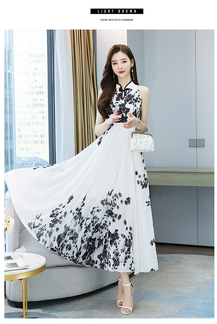 改良旗袍连衣裙女2022夏季新款时尚洋气削肩年轻款中国风水墨印花详情32