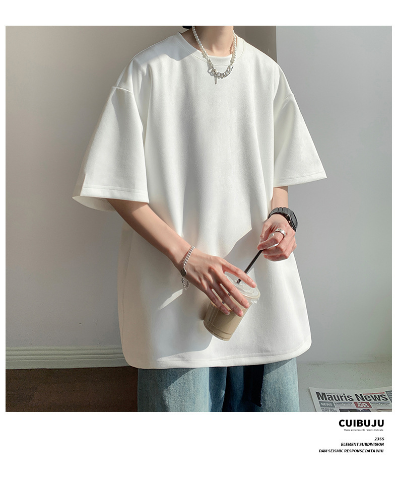 麂皮纯色短袖T恤男2023夏季质感半袖宽松t恤圆领半袖衣服青少年详情2
