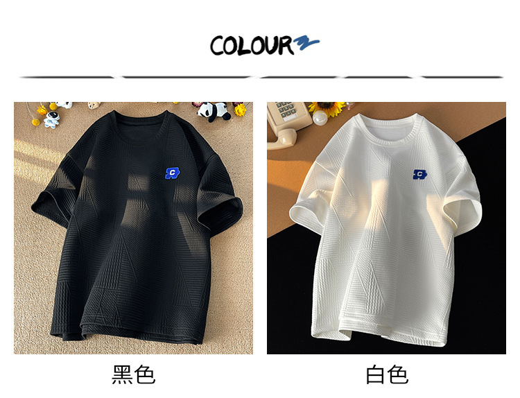 控48 夏港风重磅高克重圆领短袖华夫格男T恤休闲百搭小清晰详情2
