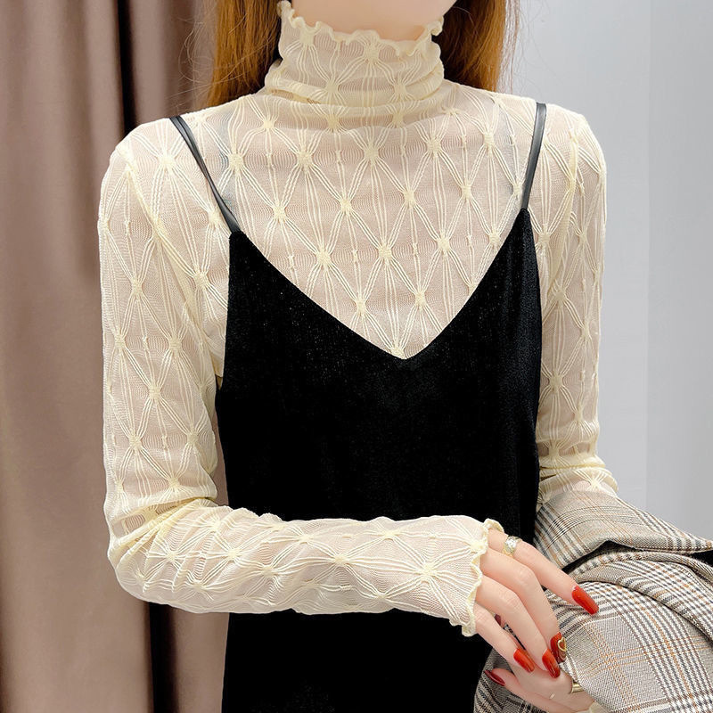 A new Korean-style slimming and sexy lace base layer with a black ear-trimmed high-neck and long-sleeved top for women pic 16