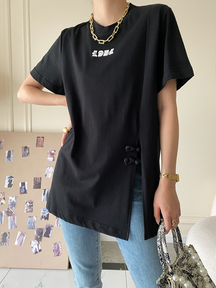 Sinan guoji plato hebilla bifón caída hombro manga camiseta mujer moda cool sentido de diseño verano 2022 nuevo SN1425 pic 40