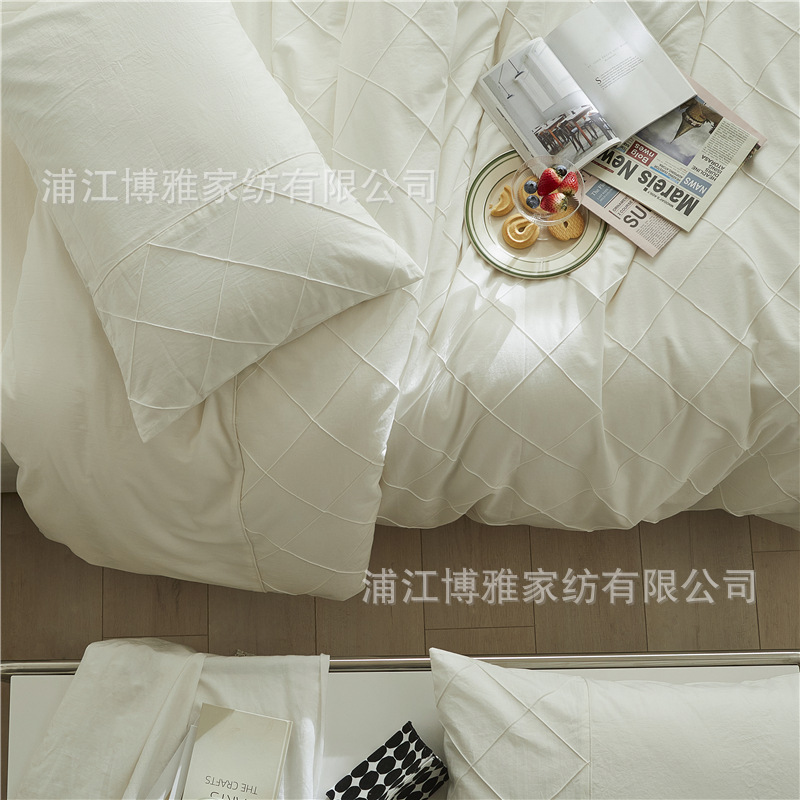 Wholesale of high-quality three or four-piece sets of washed cotton 40-count hand-knitted rhombus-shaped checkered plain pure cotton bedding pic 30