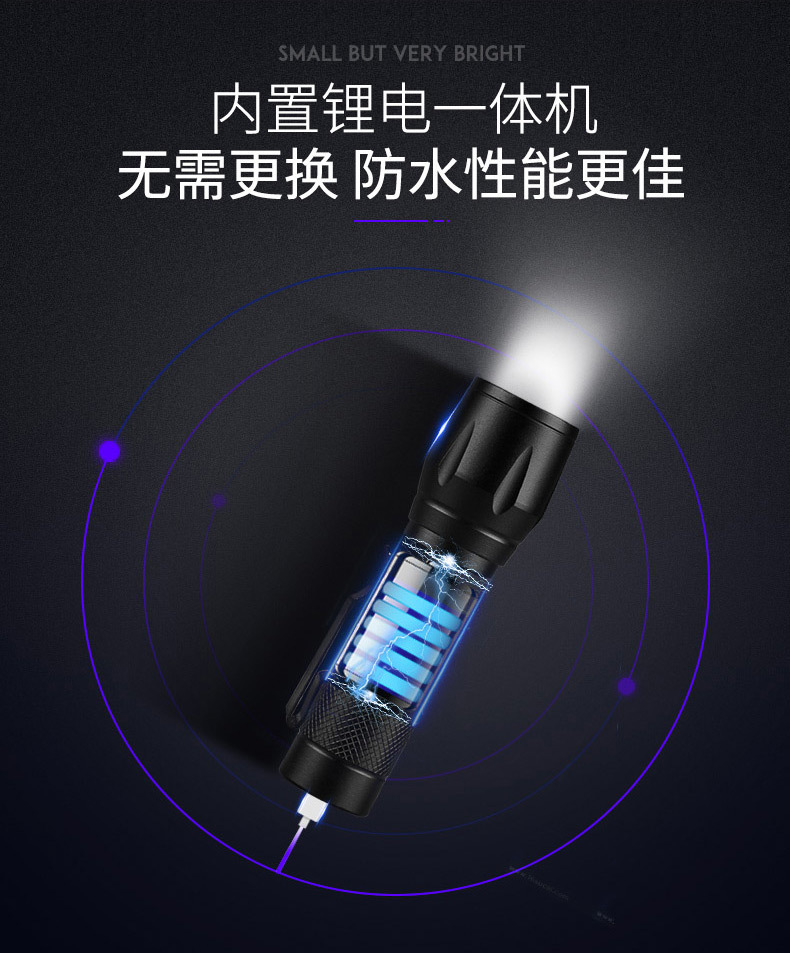 Cross-border exclusive flashlight, strong light rechargeable zoom, aluminum alloy side light strip, pen holder, long-range shooting, outdoor home small pic 15