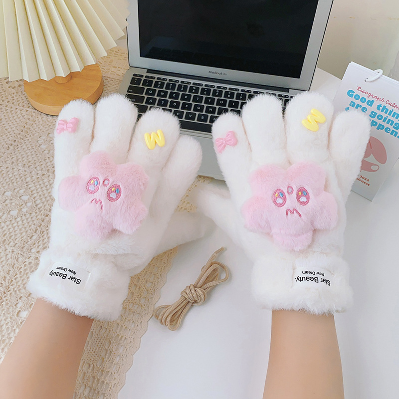 可爱卡通星星手套少女心加厚毛茸茸冬季加绒保暖连指骑车开车围巾详情17