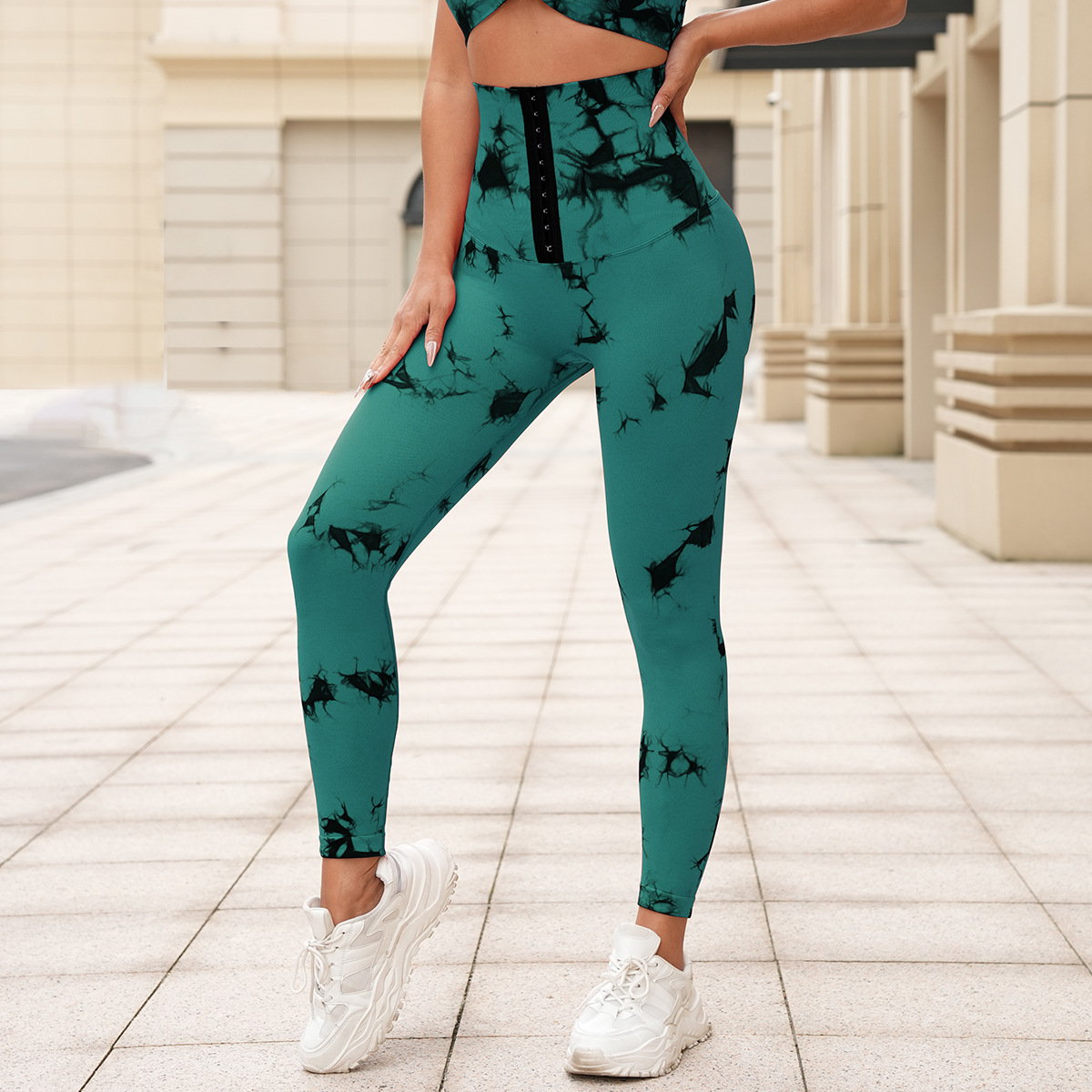 新品无缝扎染瑜伽裤高腰收腹排扣紧身裤提臀健身裤跑步塑身运动裤详情34