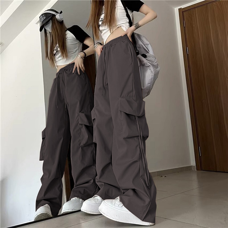 美式复古小众工装裤女立体口袋高腰直筒阔腿飘带宽松休闲拖地长裤详情17