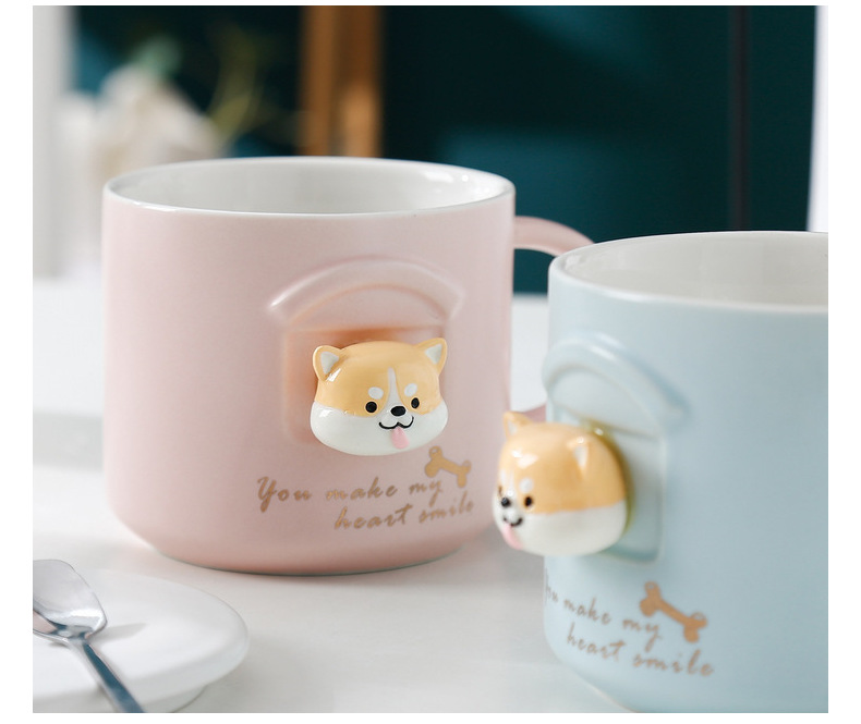 立体柴犬可爱卡通陶瓷杯秋田犬马克杯带盖勺学生办公家用水杯情侣详情16