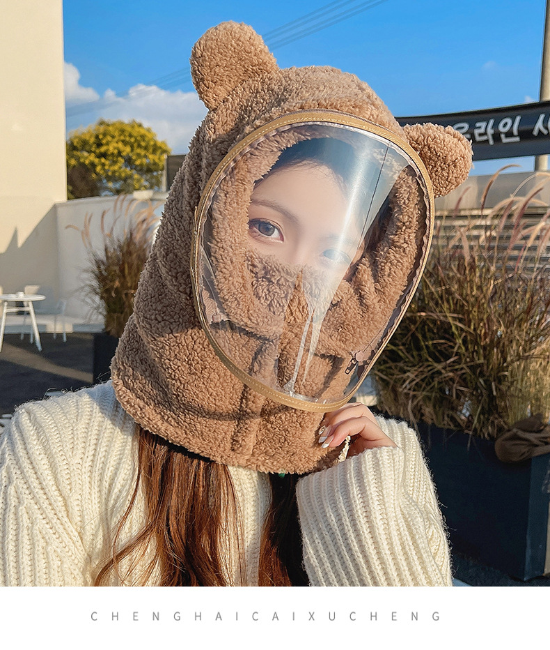防风帽子带面罩女冬季骑车围脖一体帽加厚保暖护耳可爱小熊套头帽详情12