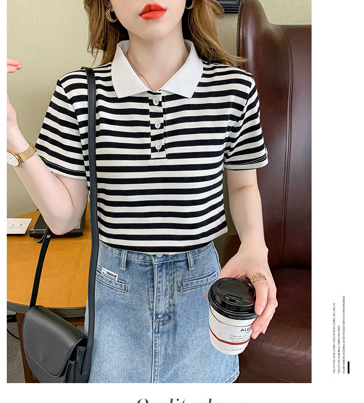 Verano coreano versión rayas mujer commuter patchwork color polo cuello manga corta camiseta mujer diseño sentido moda legging pic 22
