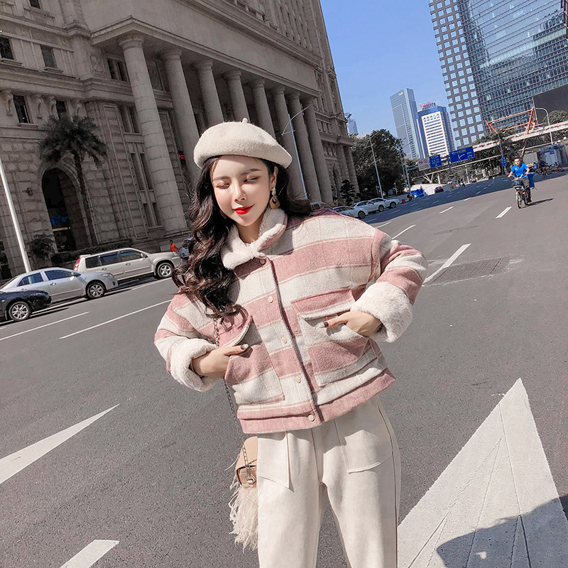 New loose checkered thickened windbreaker, short and versatile woolen coat for petite people pic 8