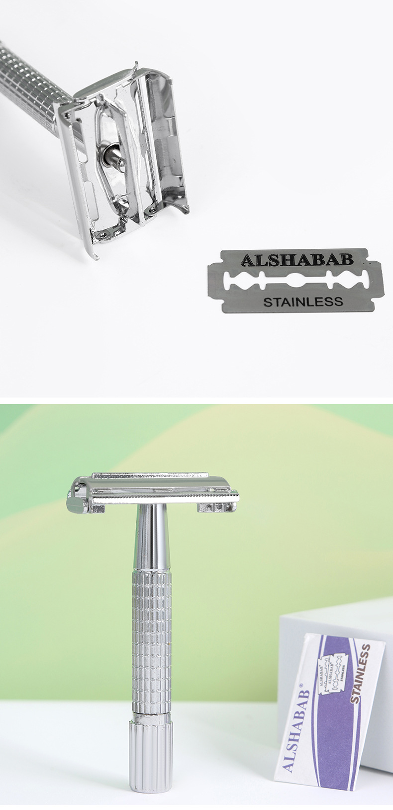 ALSHABAB吉派新款银色男士刮毛刀旋开式刀架双面剃须便携全身水洗手动刮胡刀详情8