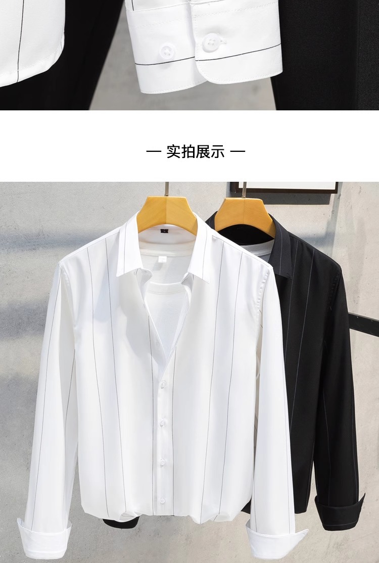 2025 hombre camisa manga larga casual coreano versión tendencia estiramiento delgado hermoso blusa blanca rayas top cool pic 6