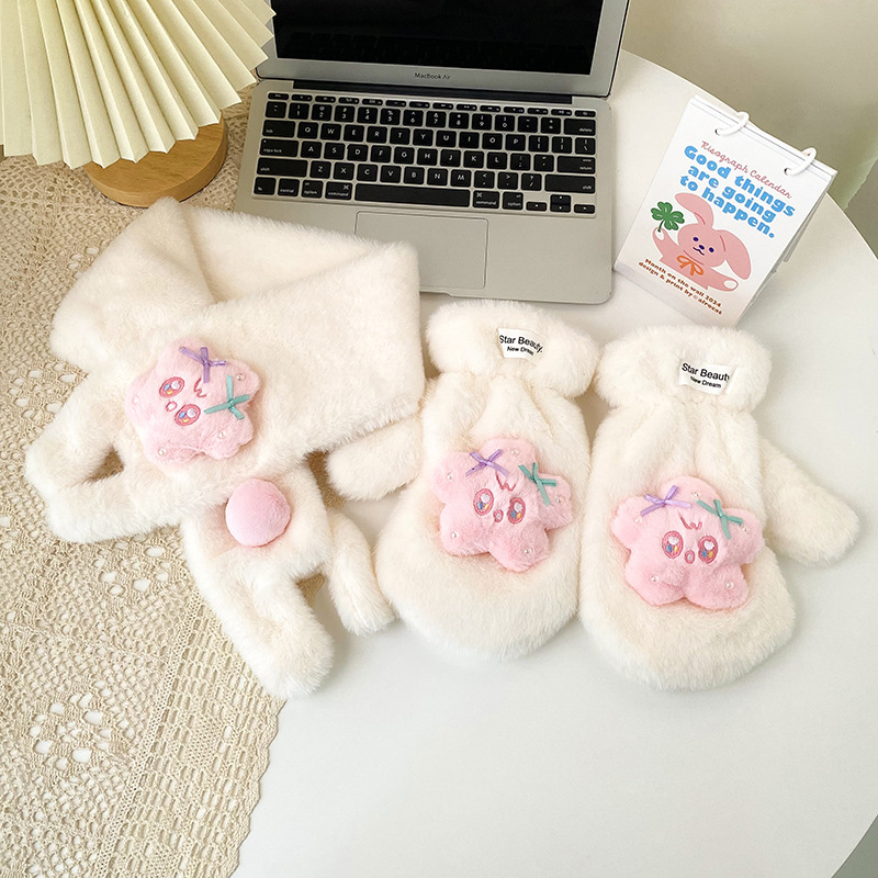 可爱卡通星星手套少女心加厚毛茸茸冬季加绒保暖连指骑车开车围巾详情7