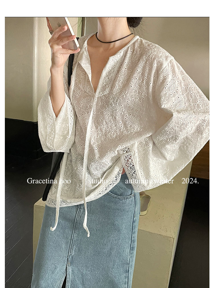 The First batch of 13 Factories 2024 early autumn new Korean version pure cotton embroidered lace V-neck slimming pullover sun-protective shirt for women pic 14