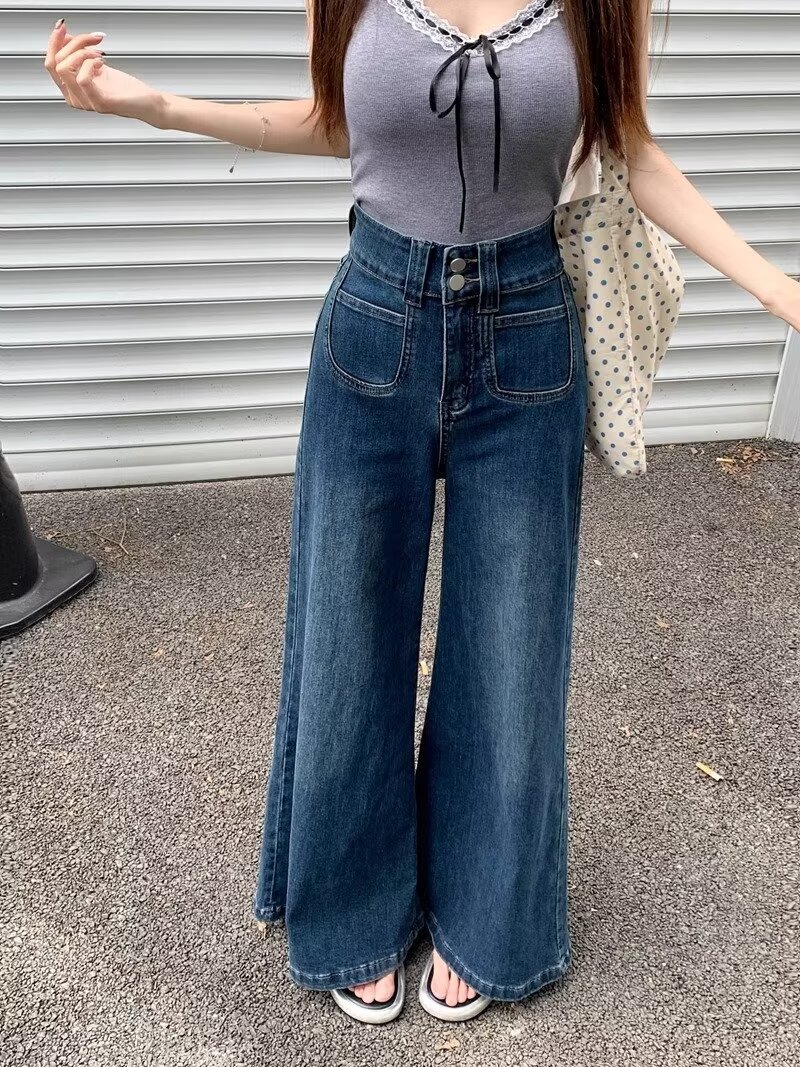 2024春秋季新款蓝色高腰宽松牛仔裤女时尚爆款设计感阔腿直筒长裤详情8