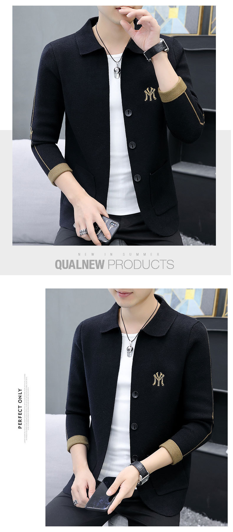 A lapel knitted cardigan for men is a trendy and versatile choice for spring and autumn. It features a personalized embroidered top and a fashionable and casual bag jacket pic 11