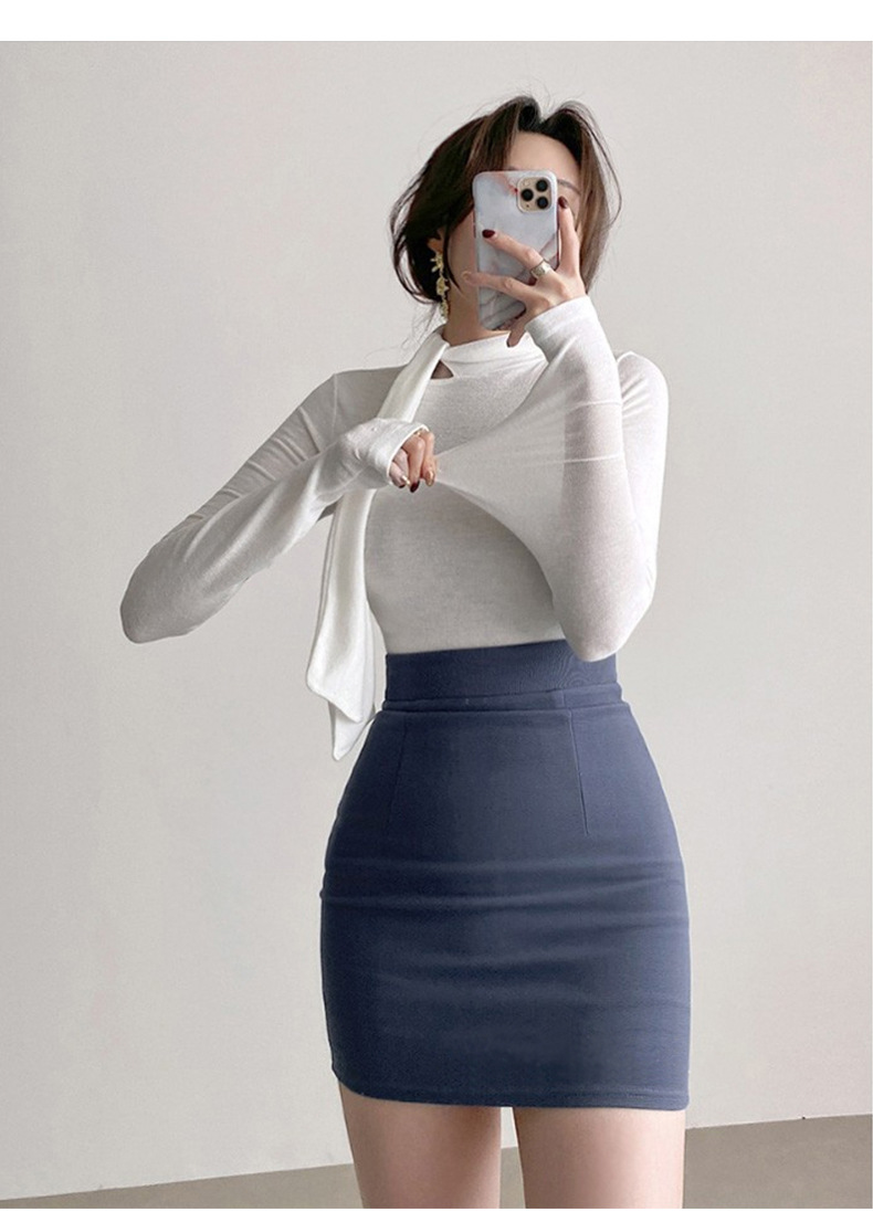 女人味飘带紧身高领长袖T恤女 韩国东大门新款温柔奶油粉女式上衣详情10