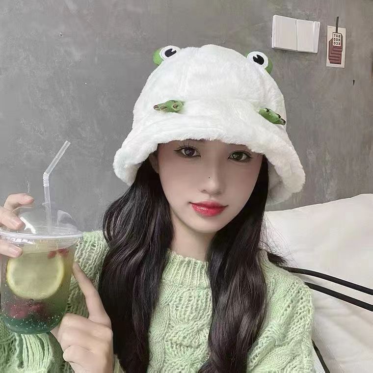 卡通羊羔绒盆帽女2023冬季加绒保暖显脸小青蛙渔夫帽网红毛绒帽女详情1