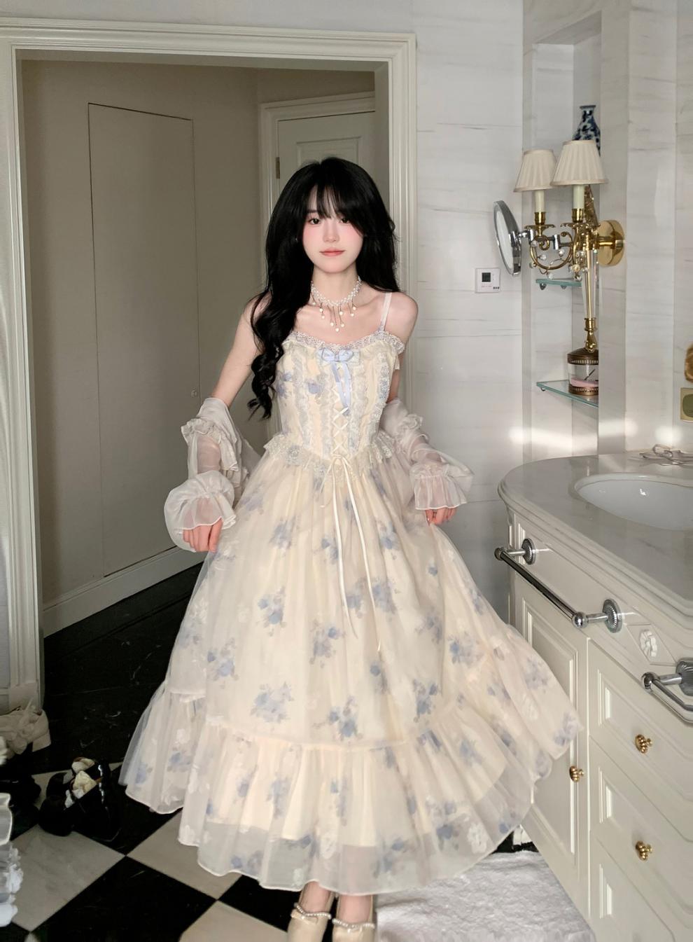2024新款仙气甜美印花网纱蕾丝花边吊带裙女夏季大摆显瘦公主长裙详情3