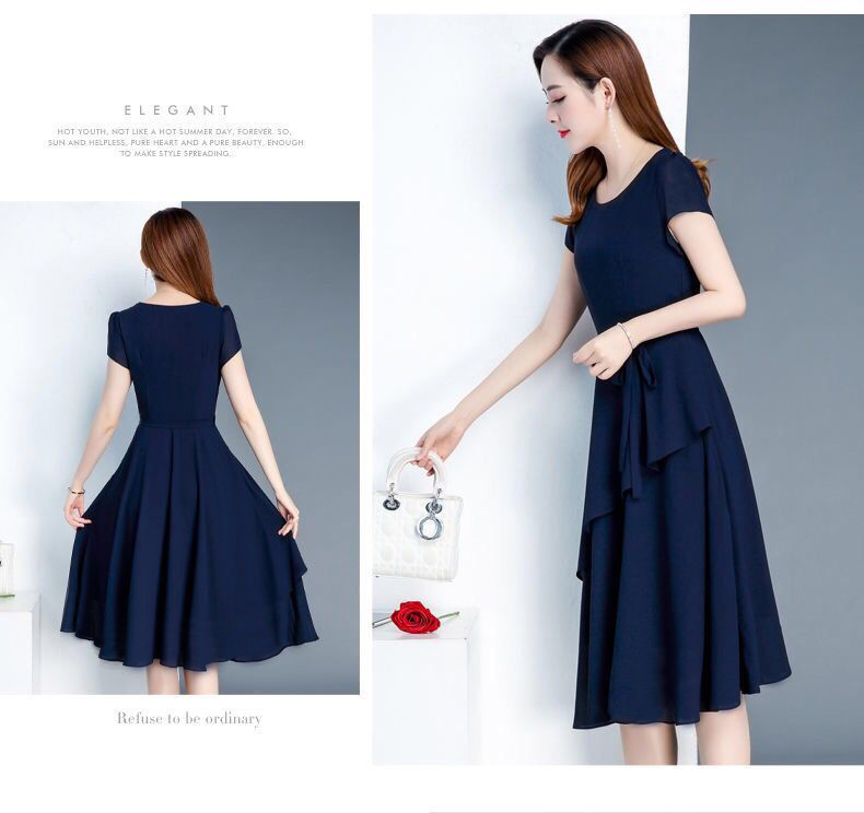2020新款夏季高端收腰显瘦减龄气质中长款圆领大码女装连衣裙外贸详情8
