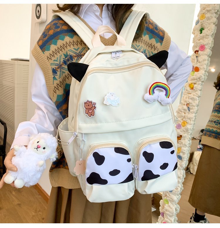 Japanese-style ins campus school style, fresh and cute, cute cow with earbuds, soft girl schoolbag, funny student backpack pic 8