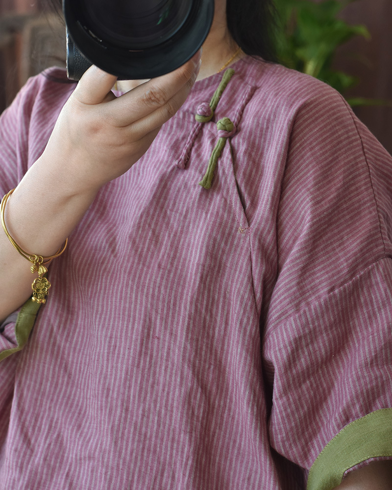 Hyacinth/Original striped contrasting color diagonal lapel hand-sewn button-up retro loose robe patchwork mid-length dress pic 1