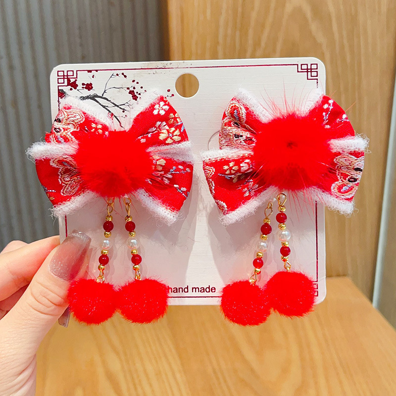 新年款红色古风流苏发夹儿童汉服发卡头饰女童复古蝴蝶结发夹发饰详情46