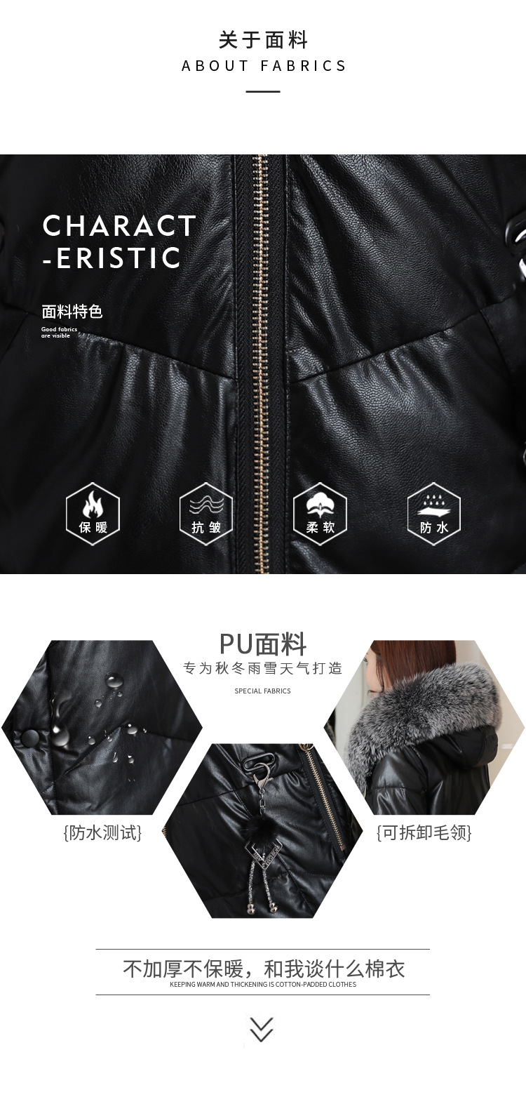 Korean winter new mid-length down cotton-padded jacket, PU leather, true fox fur collar, thickened leather coat pic 3