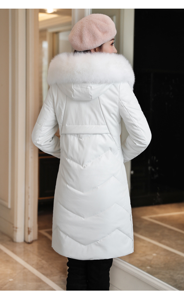 Korean winter new mid-length down cotton-padded jacket, PU leather, true fox fur collar, thickened leather coat pic 11
