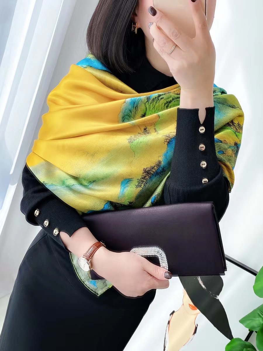 国潮新中式女礼品中国风千里江山图画大方巾仿真丝丝巾披肩母亲节围巾详情4