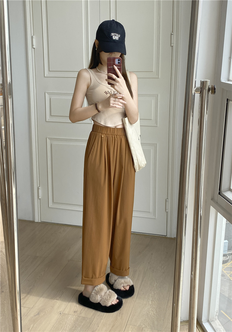 日系休闲裤子女夏薄款高腰显瘦遮肉阔腿直筒哈伦裤女速干裤九分裤详情30