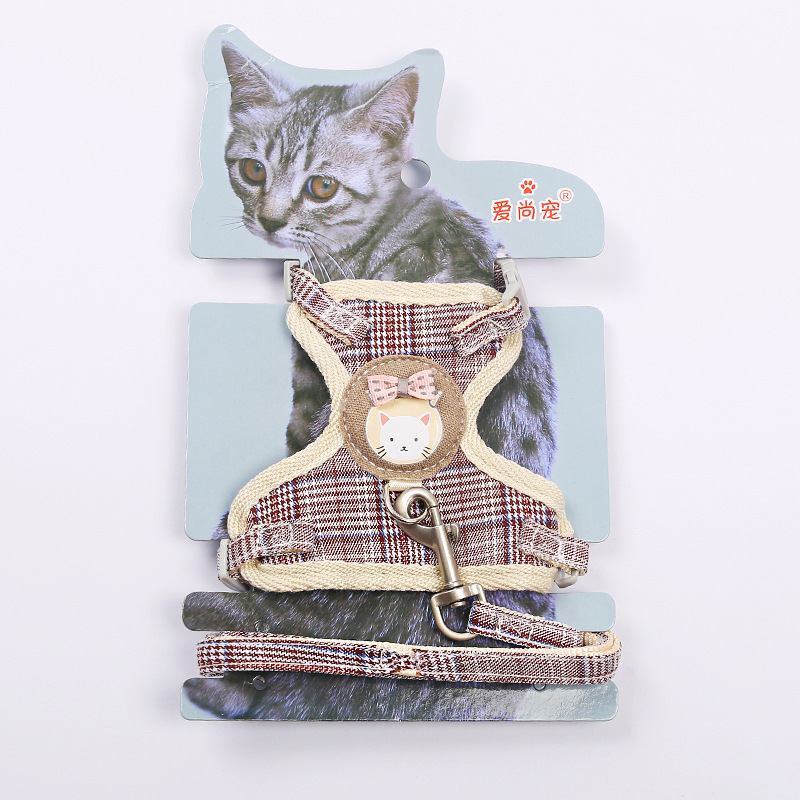 Wholesale of cartoon cute cat I-shaped chest and back straps, durable pet leashes, pure cotton webbing cat chains pic 8