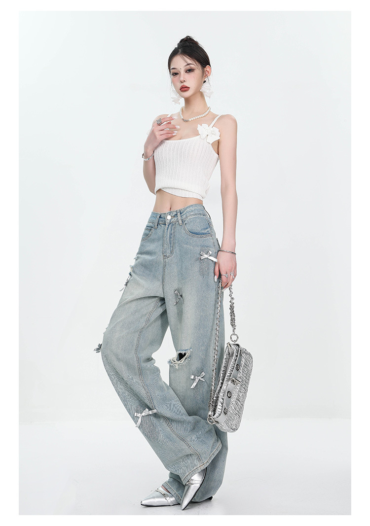 Large-sized retro three-dimensional bow ripped jeans for women with a summer design sense, high-waisted straight-leg loose wide-leg pants pic 15