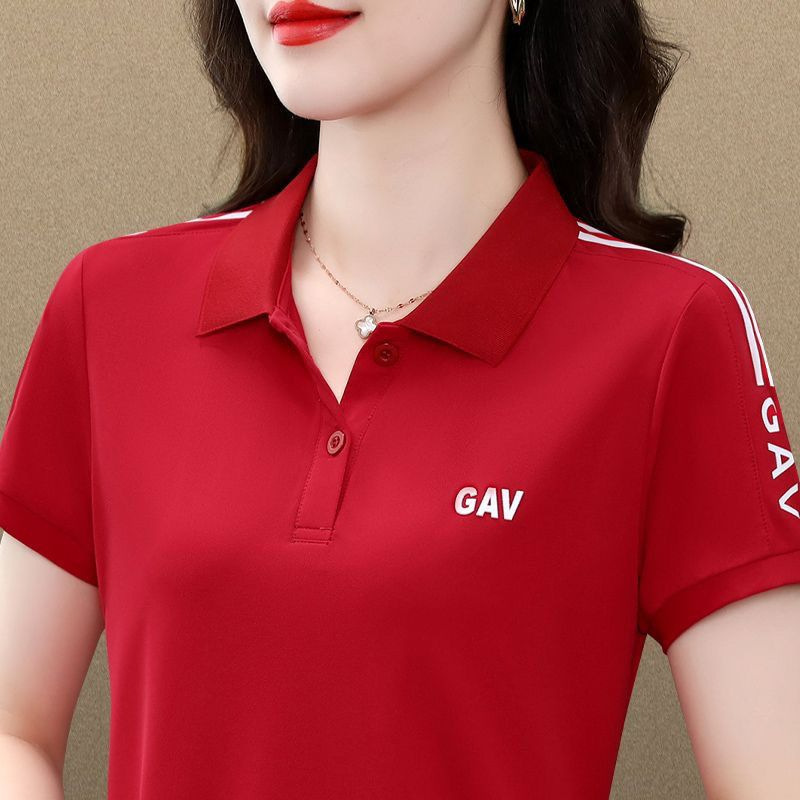 夏季新款短袖t恤女翻领大码宽松休闲中年妈妈POLO衫纯色运动上衣详情1