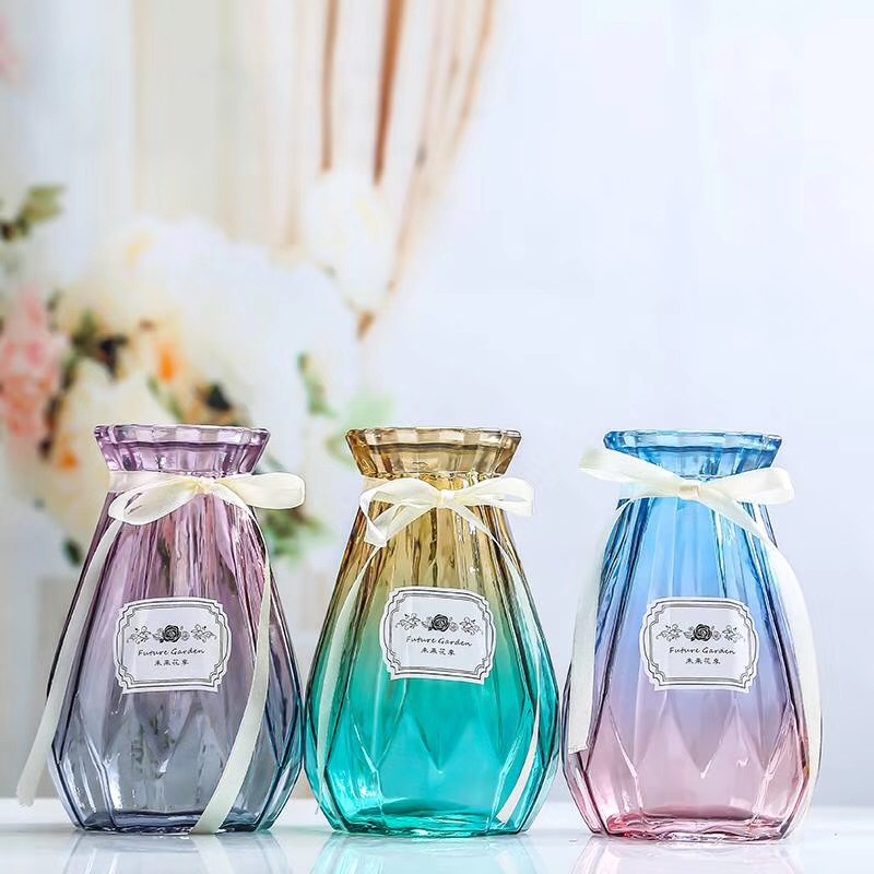 Simple transparent glass vase, two-color diamond, fresh and delicate flower arrangement, retro colorful craft display piece pic 17