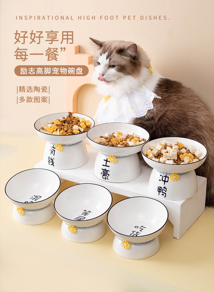 Ceramic cat and dog bowls, pet bowls, creative text, slanted mouth, high feet to protect the cervical vertebrae and prevent black chins, cat and dog food bowls pic 1