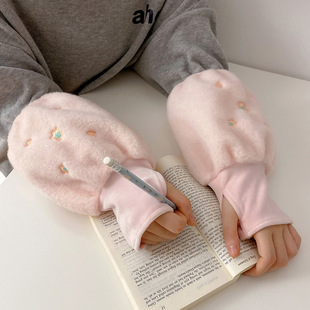 Cute warm hand sleeves for women, long work anti-dirt sleeves, student sleeves, winter two-in-one plush gloves sleeves pic 2