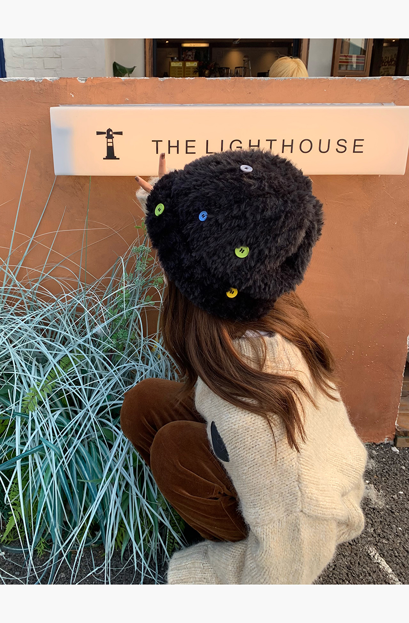 白鹿同款韩版纽扣仿皮草毛绒针织毛线帽女秋冬加厚保暖护耳渔夫帽详情17