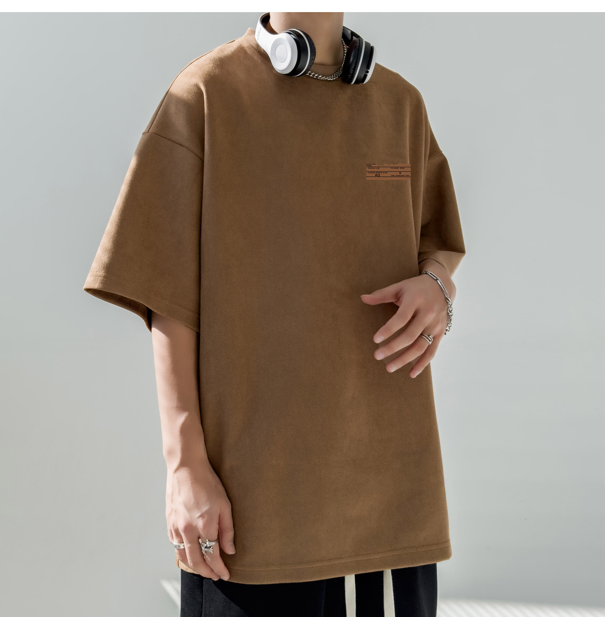 简恒咖色重磅美式复古男士短袖t恤夏季男款百搭仿麂皮绒定制T恤潮详情15