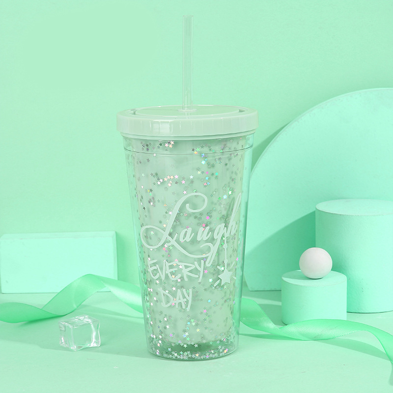 Summer new double-layer household carrying straw ice cup, popular star sequined creative plastic student gift water cup pic 8