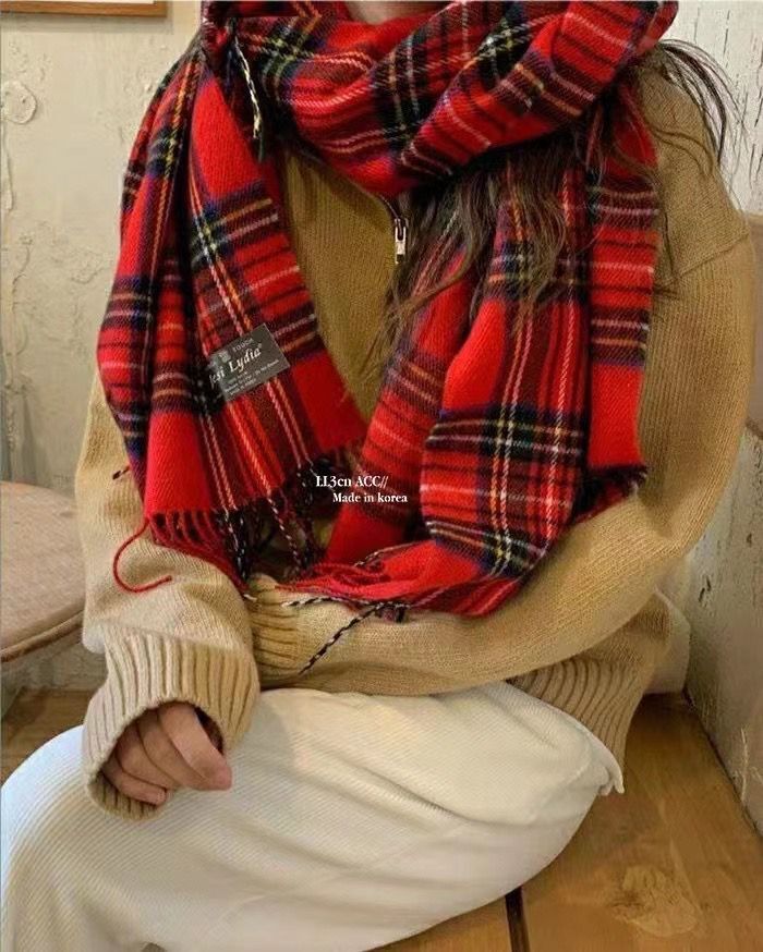 Korean style pink checkered scarf imitating cashmere winter purple scarf 2022 autumn and winter new style widened scarf shawl pic 45