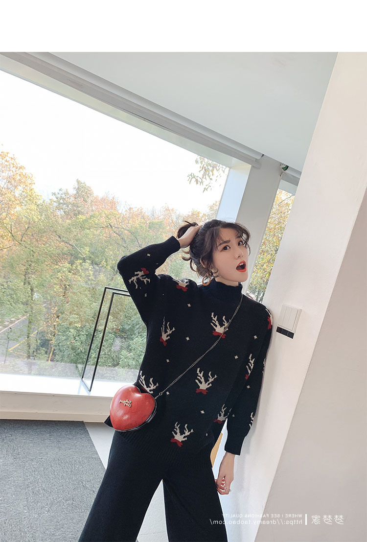 新款圣诞麋鹿红色半高领毛衣女宽松显瘦长袖打底针织衫潮详情16