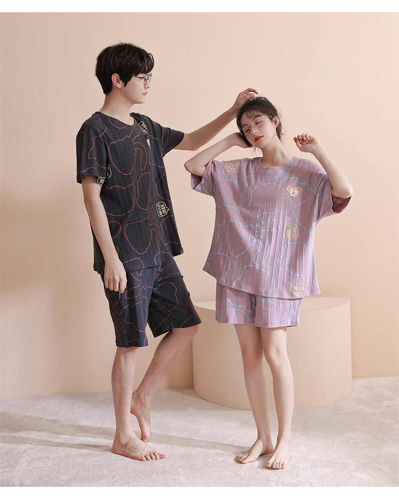 Novedades pareja manga corta pantalones cortos pijamas mujer verano slim algodón peinado hombre traje de hogar suelto casual cartoon pic 71