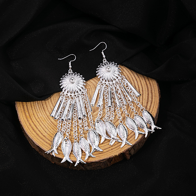 European and American Bohemian long tassel stud earrings, retro ethnic style Miao silver earrings, geometric round small fish earrings pic 12