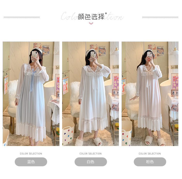 人气公主风睡裙女长袖网纱性感连衣裙长袖宫廷休闲纯棉睡衣睡裙秋详情7