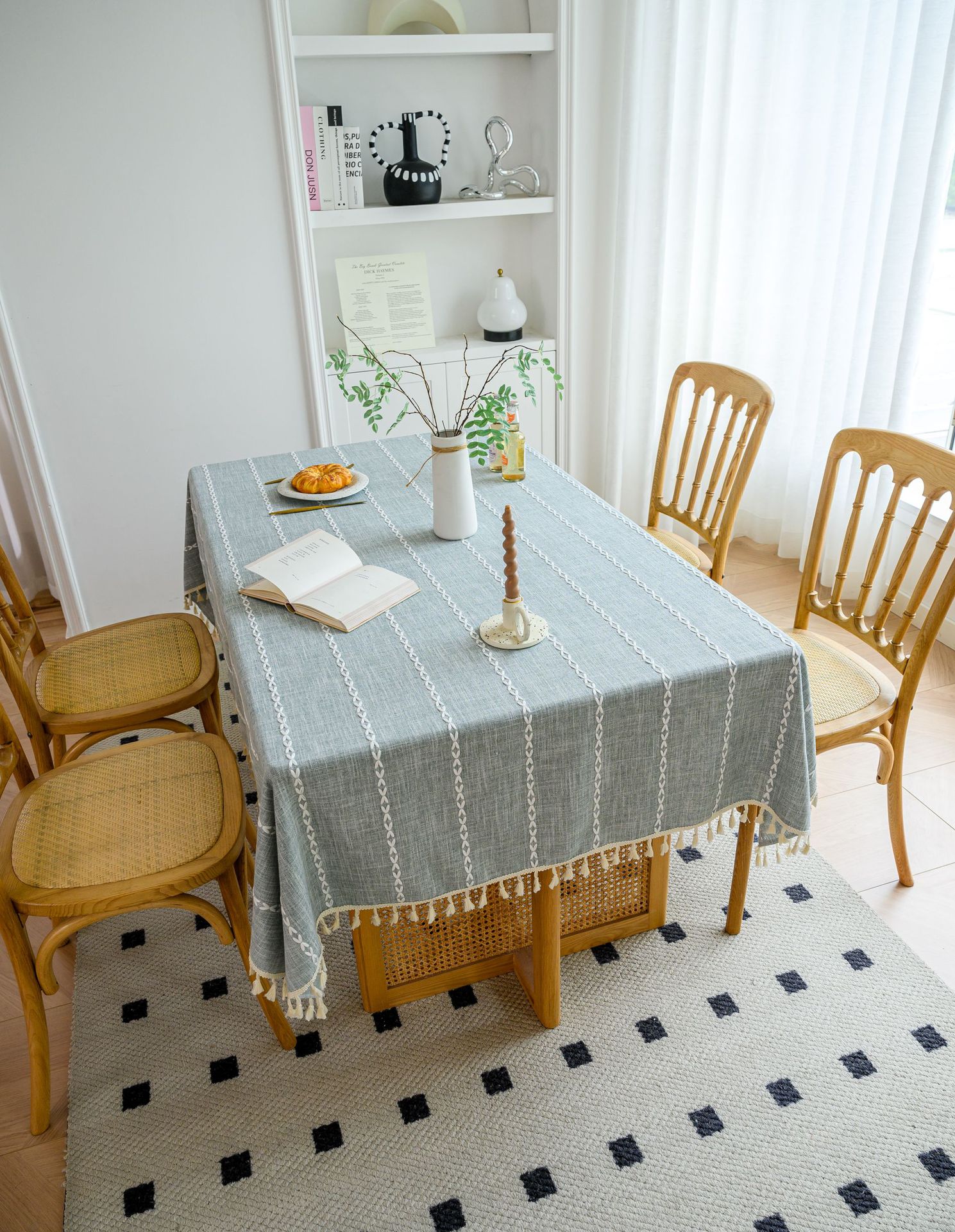 Cross-border three-dimensional embroidered striped tablecloth, popular black solid color, white cotton and linen tablecloth cover, fabric outdoor party pic 84