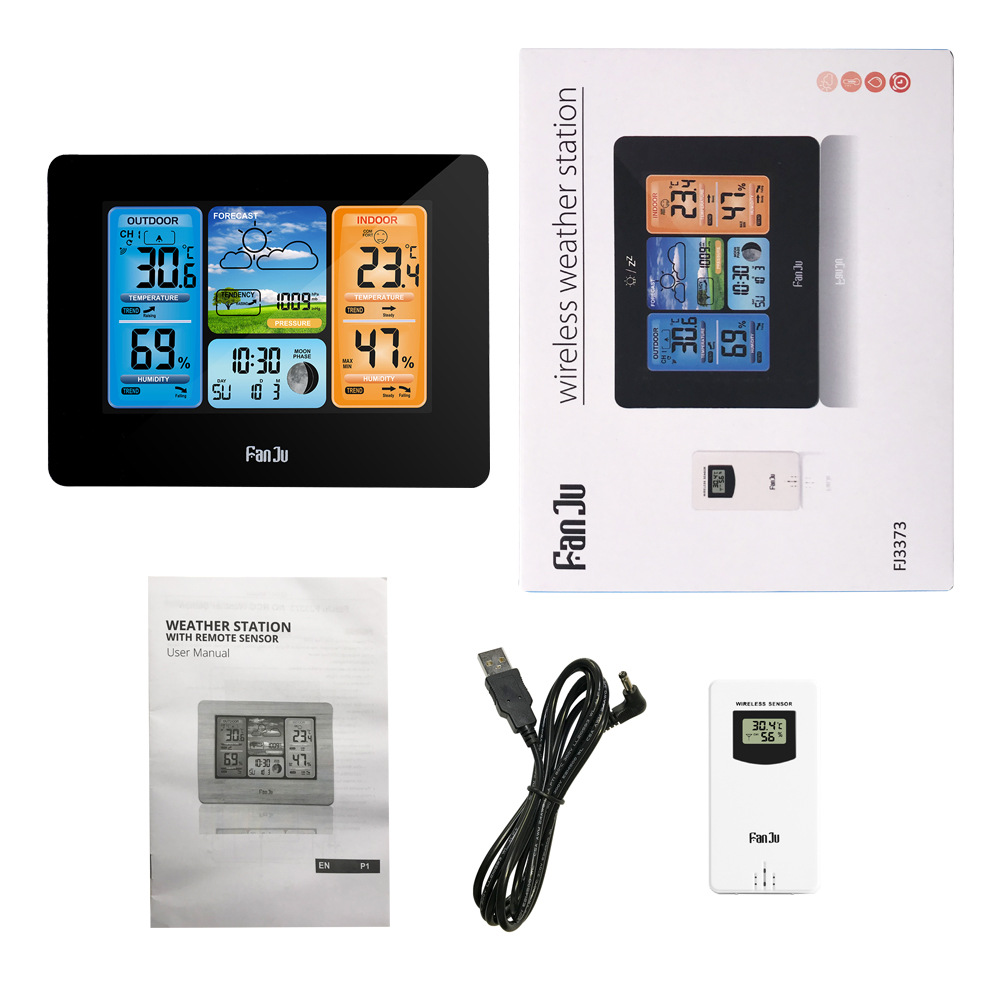 Color screen weather forecast clock 3373, black wall clock, temperature and humidity sensor electronic alarm clock, perpetual calendar weather clock pic 4