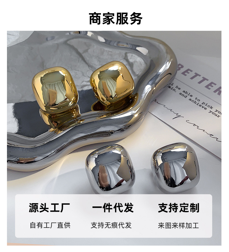 跨境爆款欧美INS风大光面方形耳钉小众高级感高光镜面耳环电镀24K详情1