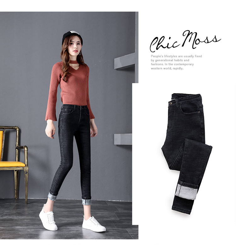 Winter fleece jeans for women, high-waisted, thick and warm Korean-style elastic slimming outerwear, small leg pants factory direct sales pic 18