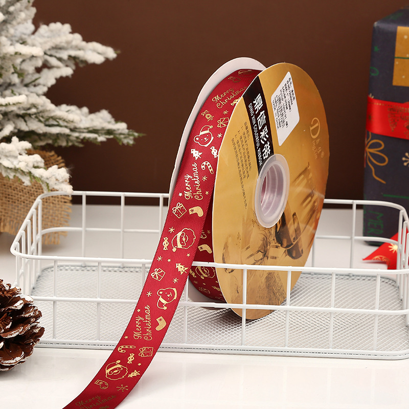 Dingxin Christmas ribbons are in stock and available for wholesale. 2.5CM gold-embossed printed Christmas gift packaging bow polyester ribbons pic 11